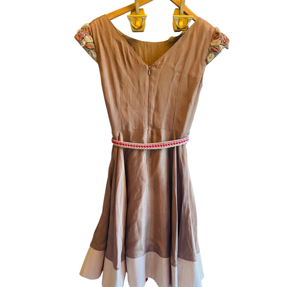 Anthropologie Conditions Tan Silk Blend Fit And Flare Embroidered Neckline Dress - Picture 3 of 12